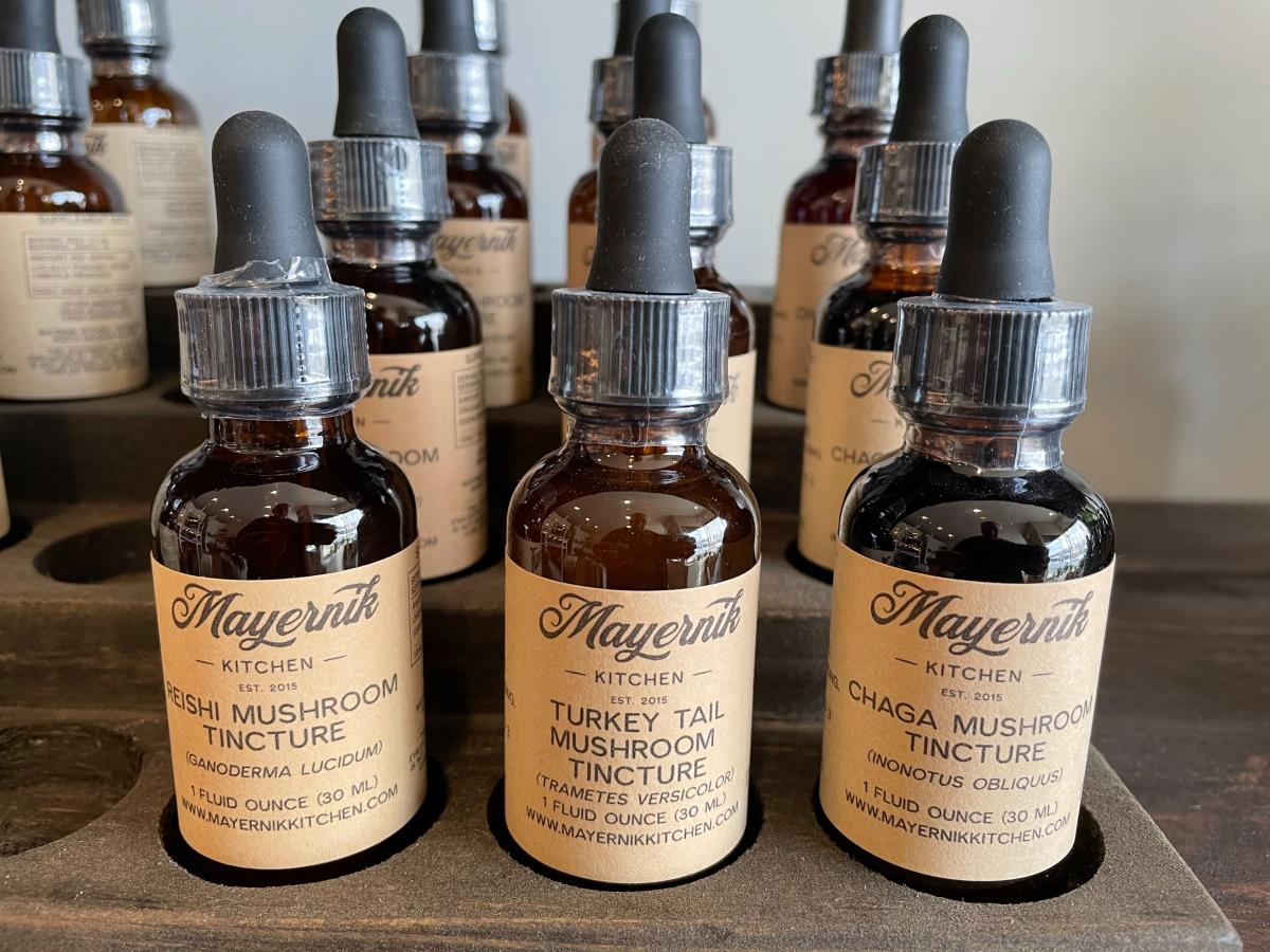 Mayernik Kitchen mushroom tinctures: reishi mushroom, turkey tail mushroom, chaga mushroom