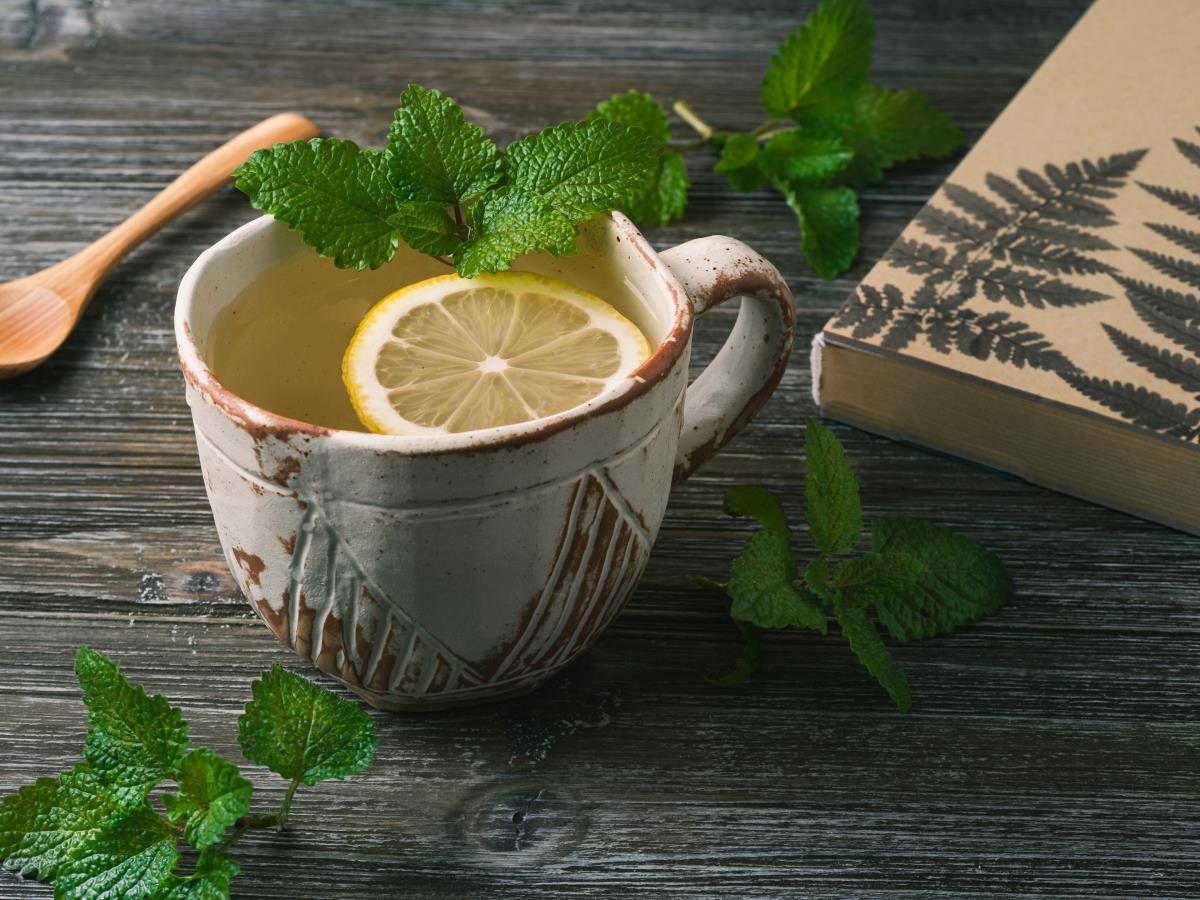 lemon balm tea with fresh lemon balm and lemon slice